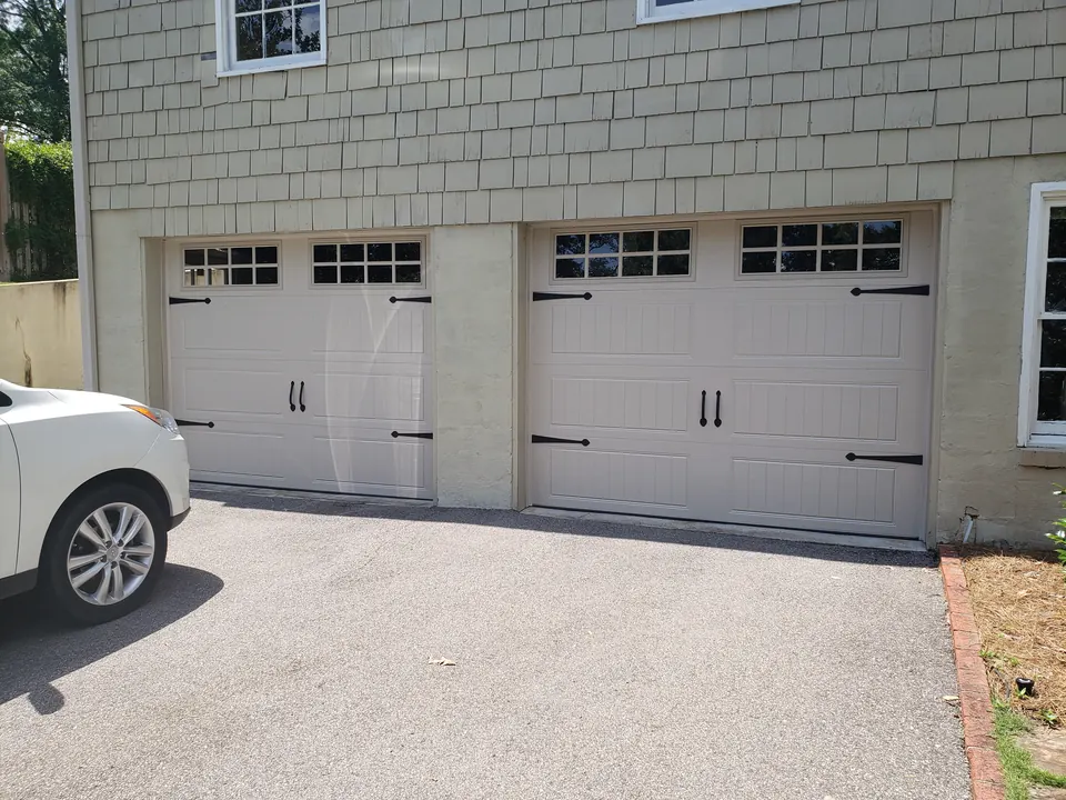 Carriage doors with black hardware, Bluff Park, Hoover, AL: a Golden Garage Door Services job