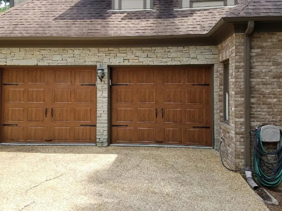 Wood-tone carriage doors, Clopay Gallery Steel: a Golden Garage Door Services job
